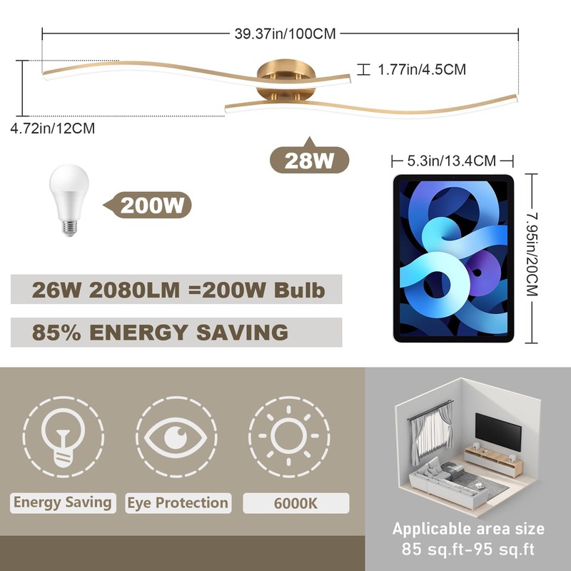 HLILCEH 28W Gold Linear Ceiling Light Gold Modern LED Ceiling