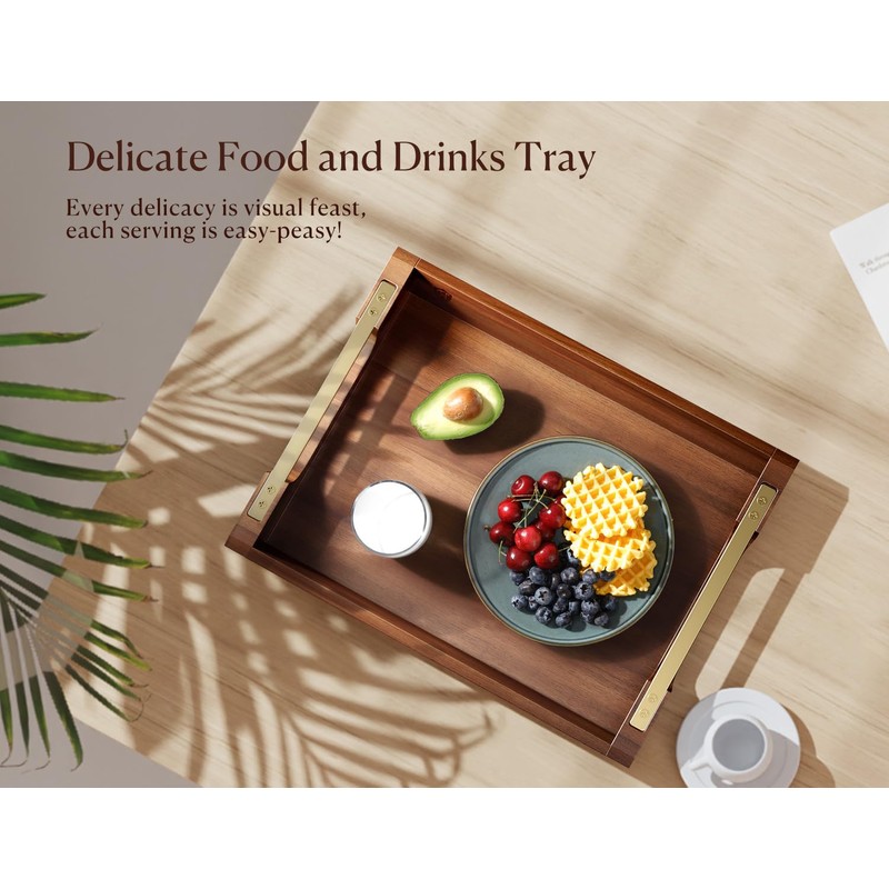 Dofira Acacia Wood Serving Tray with Metal Handles, 17x13in Large