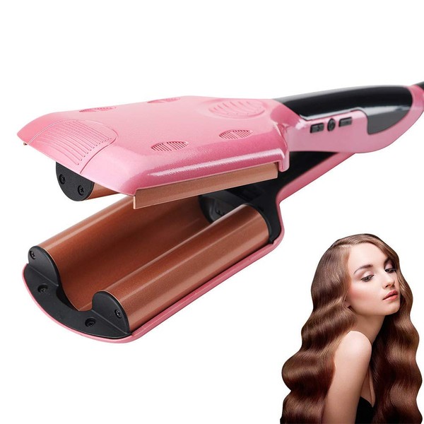 AIKO PRO 3 Barrel 1 Inch Ceramic Tourmaline Egg Roll Hair Curler Crimper Beachy Wavy Curling Iron Wand Deep Waver, with Adjustable LCD Temp Display & Fast Heating for Wet and Dry Hair (Pink)