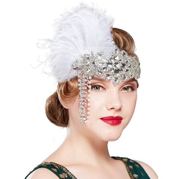 BABEYOND Women’s 1920s Headband Flapper Feather Headpiece with Chain Roaring 20s Great Gatsby Themed Party Hair Accessory (White)