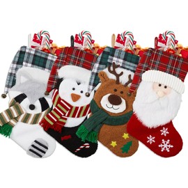 Munidow 4 Pack Christmas Stocking with Bell, 3D Plush Character, 18'' Xmas Stockings with Raccoon Penguin Reindeer Santa Claus and Plaid Cuff Stockings for Stairs Fireplace Hanging Xmas Home Decor