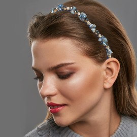 VOCOSTE Bling Rhinestone Headband Unspecified Shapes Blue Rhinestone Headband for Women 4.92"x0.59"