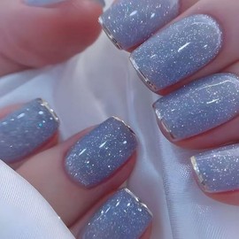 Short Press on Nail Square Fake Nails French Tip False Nails with Silver Glitter Design Glue on Nails Blue Glossy Acrylic Nails Full Cover Stick on Nails Artificial Nails For Women 24 Pcs
