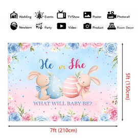 MEHOFOND Easter Bunny Gender Reveal Backdrop He Or She What Will Baby Be Banner Banner Cute Rabbit Pink Blue Floral Kids Party Decor Boy Or Girl Baby Shower Background Photo Booth Props 7x5ft