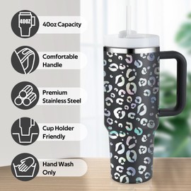 Herseme Upgraded 40 oz Tumbler with Handle, Tumbler with Lid and Straw Stainless Steel Double Wall Vacuum Insulated, 40 oz Leopard Tumbler with Handle, Straw, 2-in-1 Lid, Laser Gray Leopard