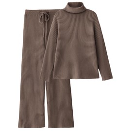 LILLUSORY Women 2 Two Piece Outfits Winter Clothes Turleneck Sweater Matching Lounge Sets Wide Leg Pants 2025 Fall Trendy Cozy Ribbed Knit Sweatsuits Sweat Suit Travel Loungewear Nutmeg L