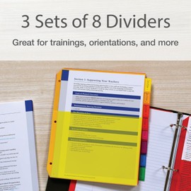 Oxford 8-Tab Multi-Color Binder Dividers with Pockets and Large Insertable Tabs, Made of Durable Translucent Plastic - 3 Sets of 8 Dividers (17112)