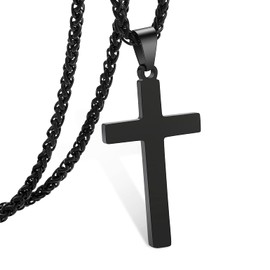 RS Black Cross Necklace for Men Boys Stainless Steel Pendant Chain Religious Christian Baptism Catholic Confirmation Gifts Jewelry Teen Teenage Son Him