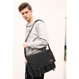 14 Inch Laptop Messenger Bag for Men,Water Resistant Canvas Satchel Briefcases and Black Shoulder Bag