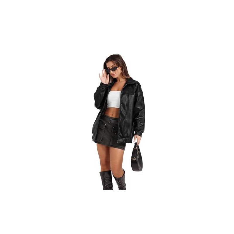 SAMPEEL Black Leather Jacket Women Cute Oversized Motorcycle Trendy Coats