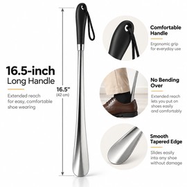 16.5-Inch Stainless Steel Shoe Horns, 2-Pack Long Handle Shoe Helpers with Black Grips