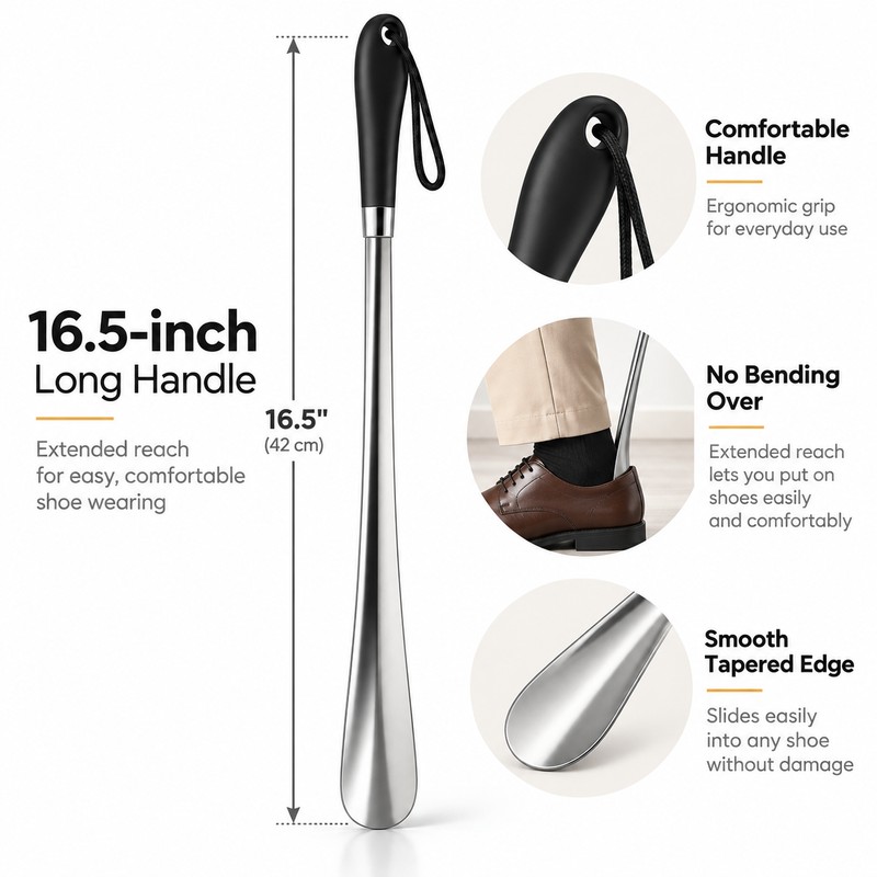 16.5-Inch Stainless Steel Shoe Horns, 2-Pack Long Handle Shoe Helpers