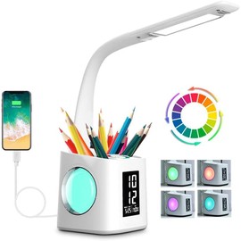 Led Desk Lamp Wanjiaone Desktop Lamp with USB Charging Port&Alarm Clock&Calendar&Pen Holder&Color Night Light, Girl Study Lamps for kids , Eye Caring Table Lamp,10W White