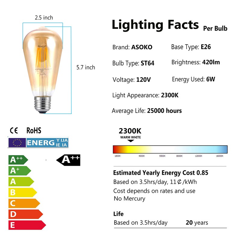 ASOKO LED Dimmable Vintage Edison Led Bulbs 6W Antique Style