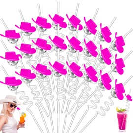 24 PCS Mirror Disco Ball Straws, 70s Disco Party Decorations Disco Straw, Cowboy Hat Disco Ball Straws, Cocktail Straws for Dance Holiday Wedding Bachelorette Supplies (Silver, pink)