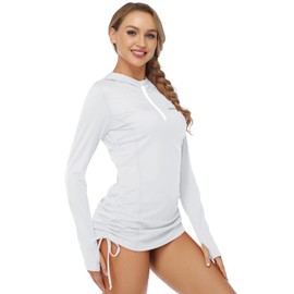 HISKYWIN Womens Hoodie Thumb Hole UV Sun Protection Rash Guard Side Adjustable Wetsuit Swimsuit Top HF814-White-XL