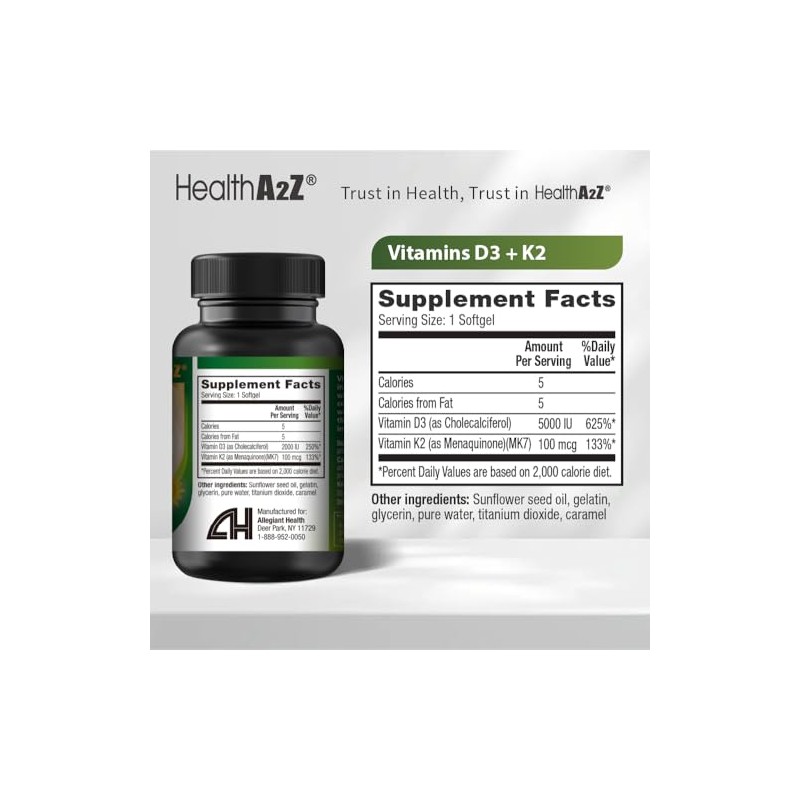 NutraA2Z Vitamins D3 & K2 5000IU + 100mcg (90 Softgels)