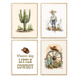 Dazzlewall 4 x Western Cowboy Wall Pictures, Cowboy Hat Cactus Desert Pictures for Children's Room, Toddler, Boys, Room Decor, 20 x 25 cm, Unframed