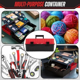 Plastic Tool Box Organizer - 15.94-Inch 3-Tier Portable Toolbox or Tackle Box Organizer with Handle for Tools, Craft Storage, Hobby Supplies or Art Bin by Stalwart (Red)