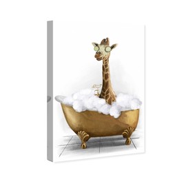 The Oliver Gal Artist Co. Fun Bathroom Animal Canvas Wall Art Painting Print 'Bathtime Giraffe', 24 in x 36 in, in White, Blue