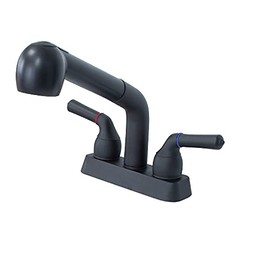 JS Jackson Supplies Dual Handle Pull Out Faucet, Black Finish, 4 Inch Center Set, Universal Utility Sink or Laundry Tub ABS Plastic Faucet with Spray Setting