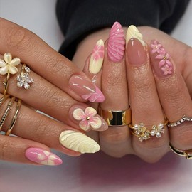 BQZQPAMZ 3D Pink Flower Press on Nails Short Almond Yellow Floral French Fake Nails With Glue Spring Stick on Nails Full Coverage Acrylic Nail for Women DIY Spring Summer Cute Nail Art Supplies