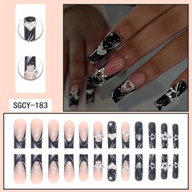 RTKHFZE Long Press on Nails Black French Tip Fake Nails Square Acrylic Nauils Press Ons with 3D Charm Designs Press on False Nails Full Cover Stick on Nails for Women 24Pcs