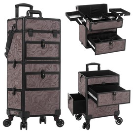 AROUS 5 in 1 Rolling Makeup Case with Drawers, Multi-functional Cosmetic Trolley with Wheels and Keys, Large Storage Traveling Cart Trunk for Nail Technicians, Makeup Artist and Hairstylist, Brown