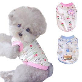 2 Pack Summer Dog T-Shirt with Cartoon Prints Vest Lightweight Puppy Tank Tops Soft Cat Shirt Doggy Tee Breathable Small Dog Clothes (Medium, Blue and White Bear,Pink and White Cherry Bunny)