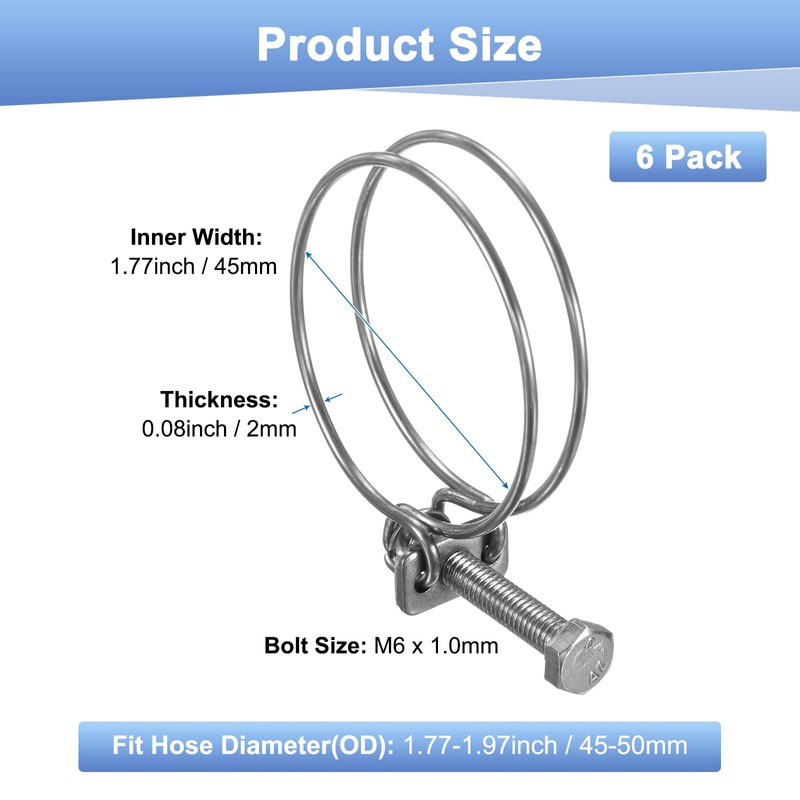 M METERXITY 6pcs Double Wire Hose Clamp 45-50mm 304 Stainless