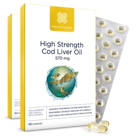 Healthspan Cod Liver Oil 570mg | Support Your Brain, Heart, Eyes & Bones | 150mg Omega 3 Fatty acids per Capsule (360 Capsules)