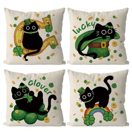 QIONG MENG St Patricks Day Pillow Covers 18x18 Inch Set of 4 Black Cat Decor Throw Pillowcase Happy St. Patrick's Day Cushion Case for Home Sofa Living Room Decor