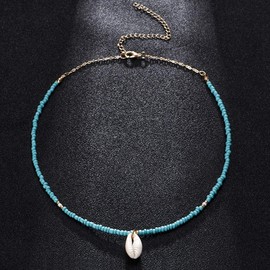 Yakiki Trendy Bohemia Nature Shell Pendant Turquoise Beaded Chain Conch Choker Simple Necklace for Women