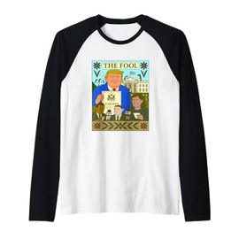 Trump Tarot Card The Fool Imposes Tariff On Penguin Politics Raglan Baseball Tee