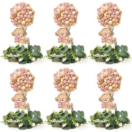 6 Set Baby Shower Bear Table Centerpieces Decortion Pink Bear with Eucalyptus Wreath Wood Slices Welcome Baby Table Toppers for Gender Reveal It's A Girl Gender Reveal Party Favor