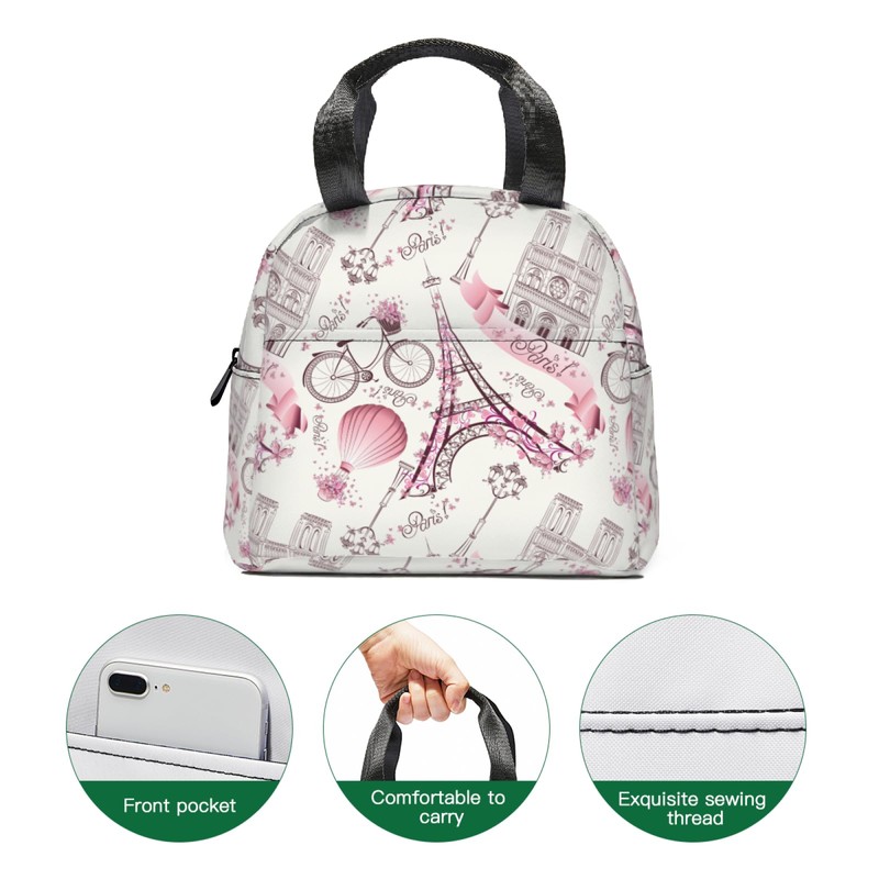 Lunch Bag Pink Eiffel Tower Print Large Capacity Lunch Box