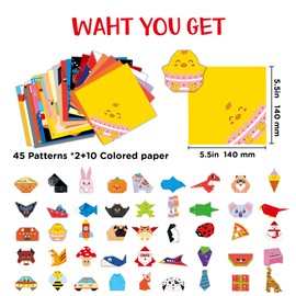 Origami Kit for Kids Ages 5-8 8-12, 100 Sheets Double Sided Colorful Folding Paper (45 Patterns×2+10Blank) with Clear Guiding Book, Animals Dinosaur Art Activity DIY Craft Set Gift for Girls Boys