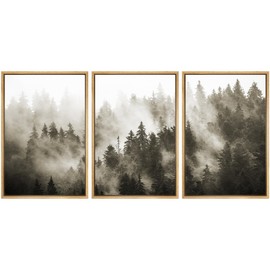 SIGNWIN Framed Canvas Print Wall Art Woodland Nursery Decor Set Duotone Blue Misty Pine Tree Forest Nature Modern Art Rustic Landscape Colorful for Living Room, Bedroom, Office - 24"x36"x3 Natural