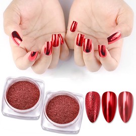 Red Chrome Nail Powder Set, 2 Jars Reflective Glitter Metallic Mirror Effect for Nails Art Design 3D Holographic Red Pigment Dust Decorations