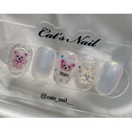 Glitter Teddy Bear Nail Handmade Nail Tips - Coffin / 글리터 테디베어네일 수제네일팁 - 코핀