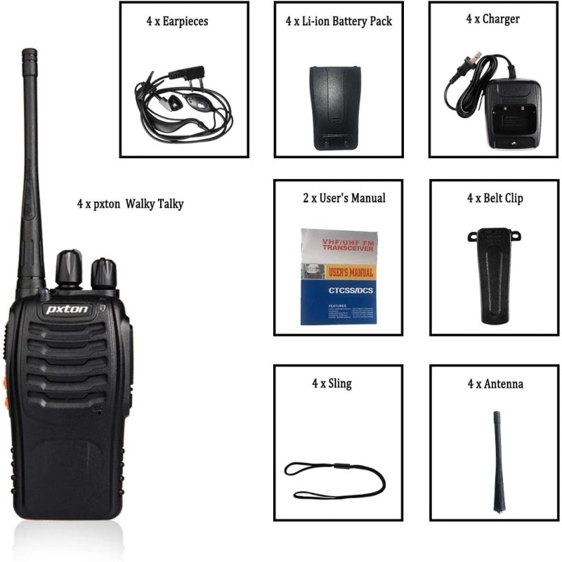 pxton 100 Mile Walkie Talkies Waterproof 4 Pack Two-Way Radios