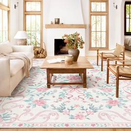 YesRug Pink Rug Bow Floral 8x10 Rug, Washable Area Rugs for Bedroom Living Room, Dining Room,Kids Room, Office,Playroom, Boho Modern Aesthetic Farmhouse Decor Non Slip Low Pile Carpet