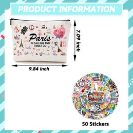 SportsLiking Paris-Themed Makeup Bag & 50 Stickers – Perfect Paris Gift Set for Women, Paris Gifts, French Souvenir, Paris Lovers, and Paris Themed Gifts