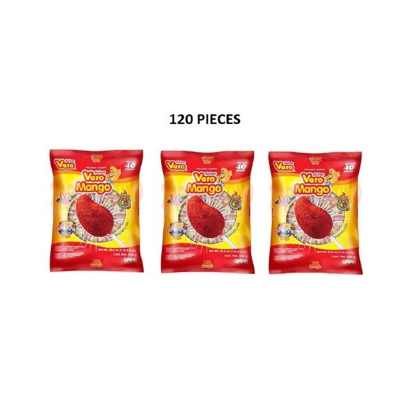 Vero Mango Flavored Acidulated Hard Candy Lollipops Coated with Chili: 120 Pieces - Wgg12