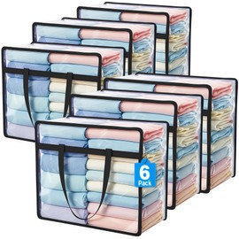 Budding Joy 6 Pack Clear Zippered Storage Bags for Clothes,40L Closet Organizers and Storage Containers Vinyl Moving Bag for Bedding, Linen, Blankets, Comforters, Clothing & Toys, Black