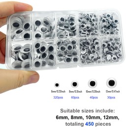 450Pcs Black Wiggle Googly Eyes with Self-Adhesive, 6mm 8mm 10mm 12mm Mixed Packaging,3 Years and up