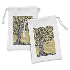 Ambesonne Tree of Life Fabric Pouch Set of 2, Swirled Twists Rustic Oak Branches Nature Eco Sketch Illustration, Small Drawstring Bag for Toiletries Masks and Favors, 9" x 6", Mustard Brown
