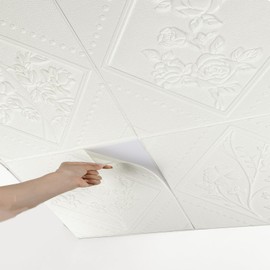 Ceiling Tiles, Ceiling Tiles Peel and Stick Foam Four Floral Pattern, 16 Pcs, Covered 21 Sq.Ft, 3D Wall Panels, Easy to Install and Cut for Ceiling and Interior Wall Decor (13.8x13.8 inch)
