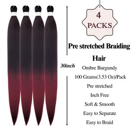 Burgundy Ombre Braiding Hair Pre stretched Synthetic Boho Braiding Hair for Boho Braids(30 inch, Packs of 5)