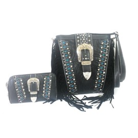 HSN Concealed Carry Aztec Fringe Hippy Rhinestone Messenger Purse Wallet Set (Black Turquoise Blue)
